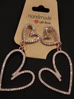 Handmade Rose Gold Heart Drop Earrings with Clear Stones